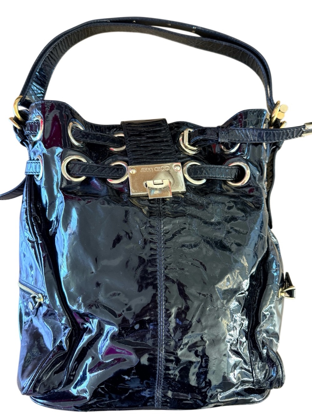 JIMMY CHOO Patent Ramona Bucket
Bag Black